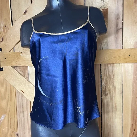 Vintage 1990s Micro Celestial Night Midnight Blue Camisole Moon Stars Silky - Picture 7 of 9